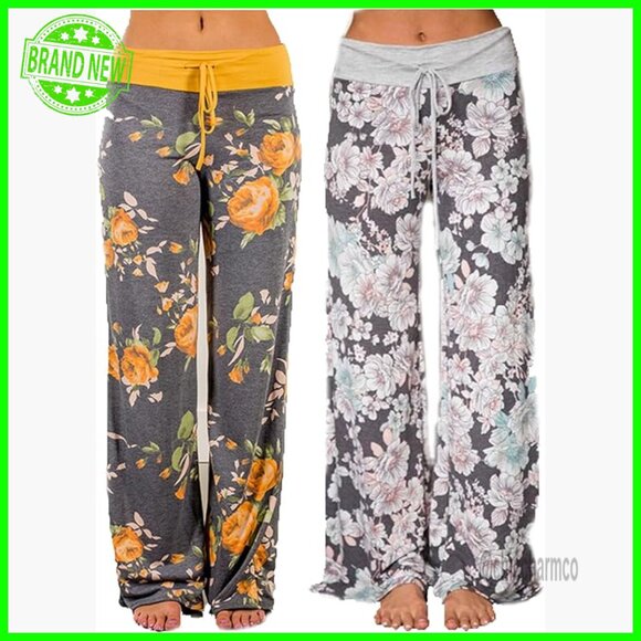 Large Wide Leg Pajama Pants Drawstring Lounge Bottoms Polyester Spandex